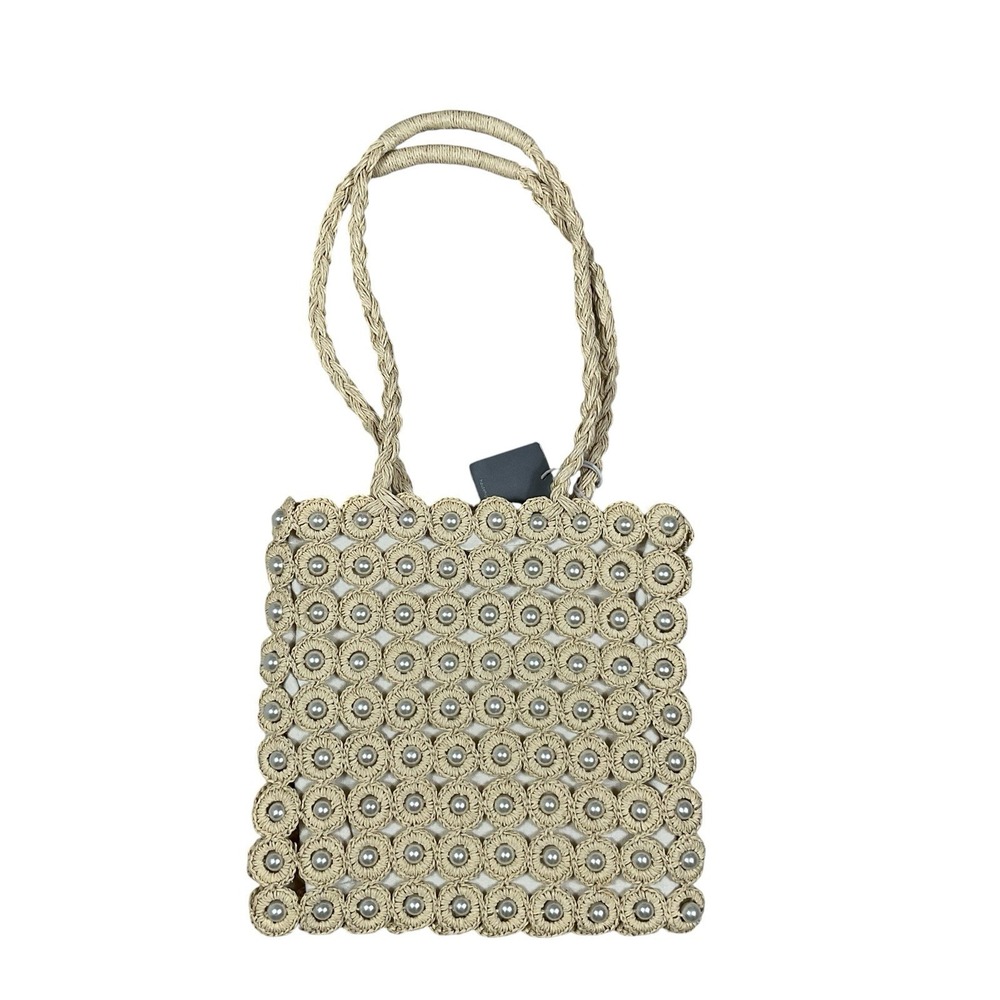 Haute Hippie Beaded Tote Straw Bag Neutral With Pearl Accents Handbag